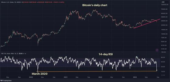 The 14-day RSI has dropped to lowest since March 2020. (TradingView/CoinDesk)