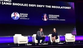 Waymaker LLP parter Brian Klein and Chamber of Digital Commerce CEO Perianne Boring discuss the future of DeFi regulation at Consensus 2023. (Shutterstock/CoinDesk)
