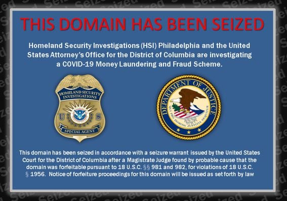 The homepage on coronaprevention.org now displays a banner saying it was seized by the U.S. Departments of Homeland Security and Justice. (Credit: Coronaprevention.org)