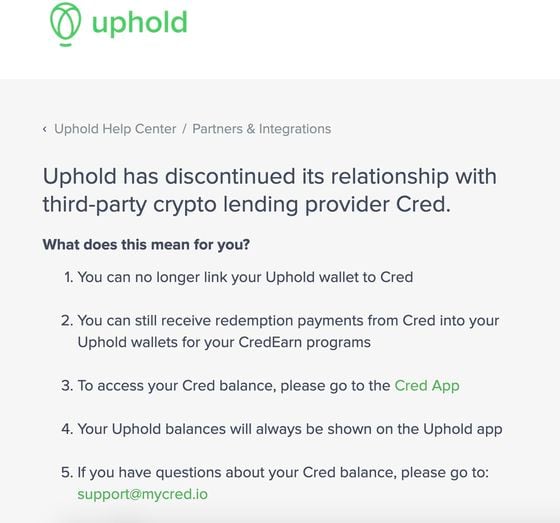 Uphold discontinues relationship with Cred