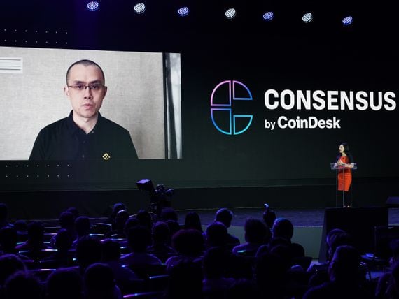 Binance CEO Changpeng Zhao and Emily Parker, CoinDesk executive director (Shutterstock/CoinDesk)