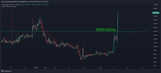 LEASH jumped above resistance in early Asian trading hours. (TradingView)