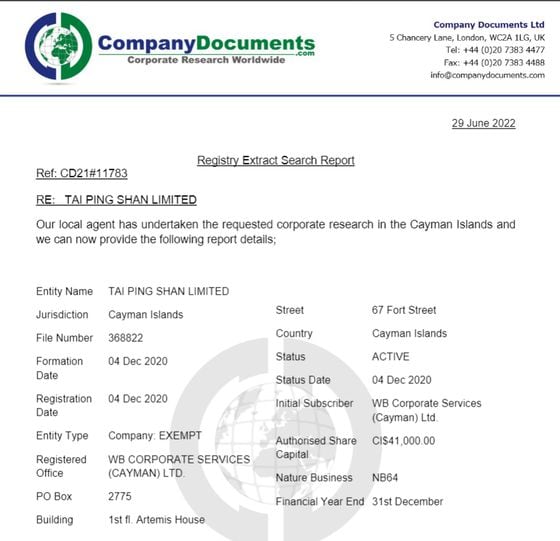 Tai Ping Shan Ltd's Cayman Islands filing. (Companydocuments.com)