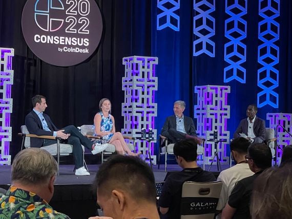 Grayscale Global Head of ETFs David LaValle, Valkyrie Chief Strategy Officer Lori Tiernan and Bitwise Chief Investment Officer Matt Hougan at Consensus 2022 (Nelson Wang for CoinDesk)