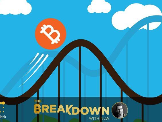 Illustration of a bitcoin logo riding up and down a roller coaster, showing the volatility aspect of a normal week for Bitcoin in 2021, according to NLW.