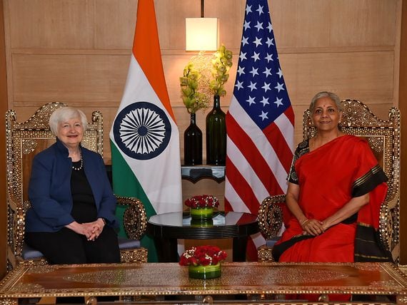 Indian Finance Minister Nirmala Sitharaman, right, with U.S. Treasury Secretary Janet Yellen. (Indian Finance Ministry)