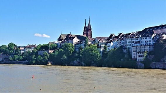 View of Basel City Center with Basel Minster from the Rheine River.