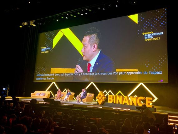 Justin Sun, speaking at the Binance Blockchain Week in Paris. (Amitoj Singh/CoinDesk)