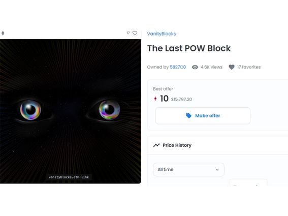 CDCROP: Bids on "The Last POW Block" are half of what its creators paid to create it. (OpenSea)