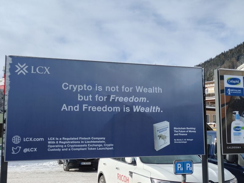 LCX put up a sign in Davos. (Nikhilesh De/CoinDesk)