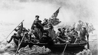 CDCROP: 25th December 1776:  George Washington crosses the Delaware River into Pennsylvania and with a surprise attack defeats Hessian soldiers employed by the British in the Battle of Trenton. (MPI/Getty Images)