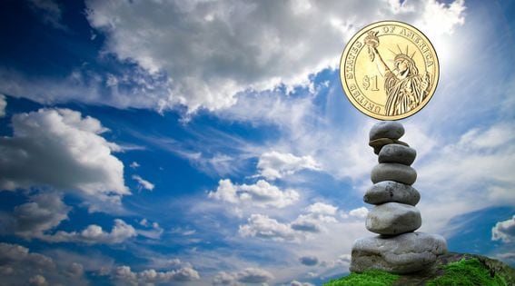 A U.S. dollar coin balances on top of rocks