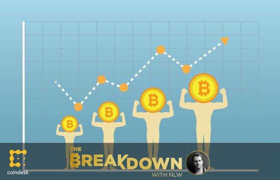 Illustration of a bitcoin price chart, showing increasingly larger silhouettes of strong men with bitcoin symbols as their heads. The strong bitcoin reference relates to today’s episode on government’s difficulties in stopping bitcoin.