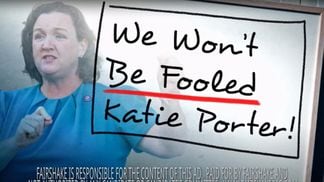 Crypto political action committee Fairshake is targeting Sen. Katie Porter in California. (CoinDesk screen capture from Fairshake ad)