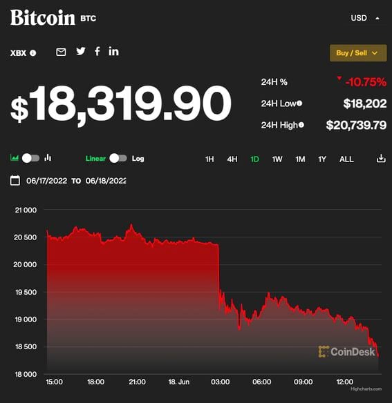 The price of bitcoin fell below $18,500, breaching its previous cycle's all-time highs. (CoinDesk).