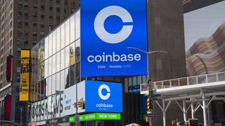 Coinbase signage in New York on the day of the crypto exchange's public market debut. (Robert Nickelsberg/Getty Images)