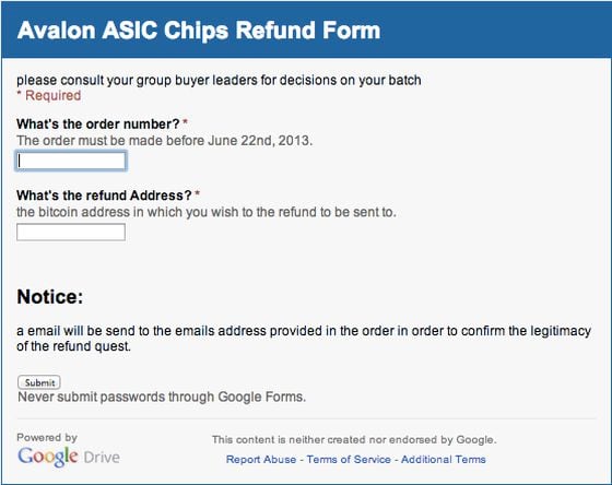 Avalon ASIC's refund form