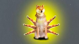 Doge (Shiba Inu) depicted as an Eastern god with six arms