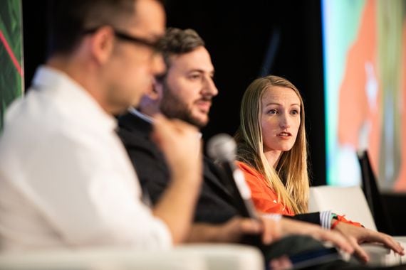 Dapper Labs product lead Kim Cope (right) speaks at Consensus 2019. (Photo via CoinDesk archives)
