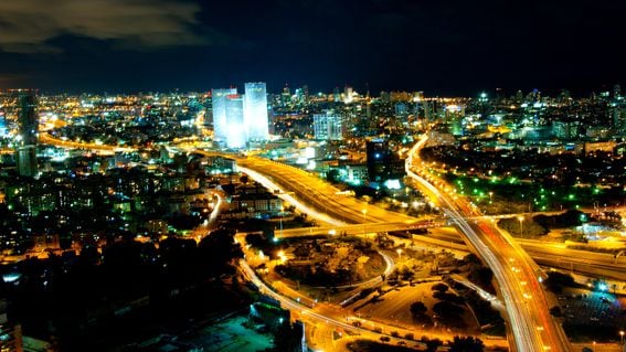 Tel Aviv skyline. (Gilad Avidan/Creative Commons, modified by CoinDesk)