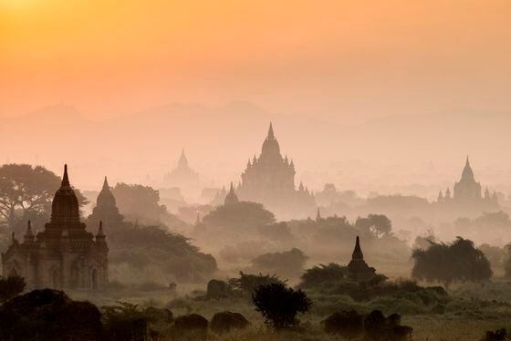 Ancient temples in Bagan, Myanmar, at sunrise. (Martin Puddy/Getty)