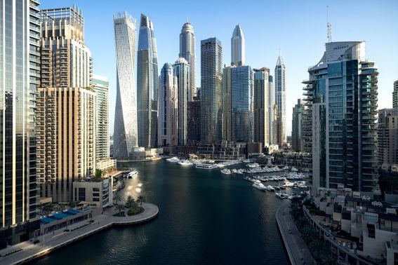 Urban skyline and modern skyscrapers in Dubai Marina.
