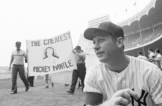 (Original Caption) 8/4/1968-New York, NY: Mickey Mantle, Yankee, on Mantle Banner Day at Yankee Stadium.