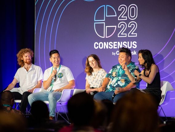 From left to right: David Casey, Co-founder ReSource Network; Gary Sheng, Dream DAO; Jordan Cooley, CRADL; Kevin Seo, Food Fighters Universe (CoinDesk)