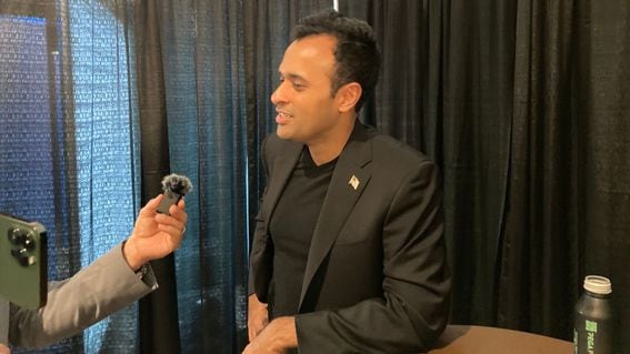 Republican presidential candidate Vivek Ramaswamy at a press conference during Bitcoin 2023 in Miami Beach, Florida (Frederick Munawa)