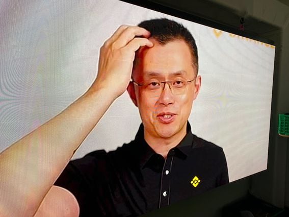 Binance CEO Changpeng Zhao speaks by video link at the World Economic Forum's annual meeting. (Jack Schickler/CoinDesk)