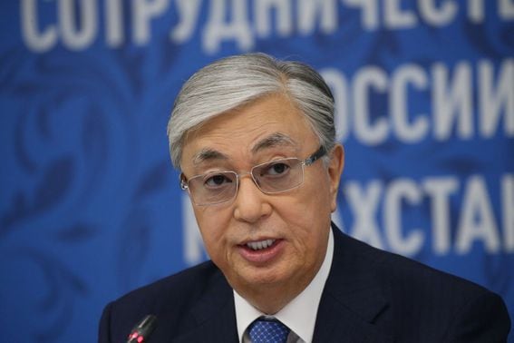 OMSK, RUSSIA - NOVEMBER,7, (RUSSIA OUT) Kazakh President Kassym-Jomart Tokayev speeches during the Russian-Kazakh Regional Forum in Omsk, Russia, on  November 7, 2019. Vladimir Putin is having a one-day trip to Siberian city of Omsk to attend Russian-Kazakh talks. (Photo by Mikhail Svetlov/Getty Images)