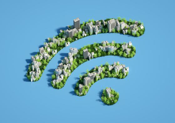 Digital generated image of green cityscape in shape of WIFI sign on blue background.