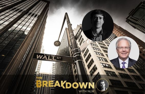 Manhattan office buildings in the background with photo insets of Ben Hunt and Alex Gladstein, who debate the topic of Wall Street ruining Bitcoin.