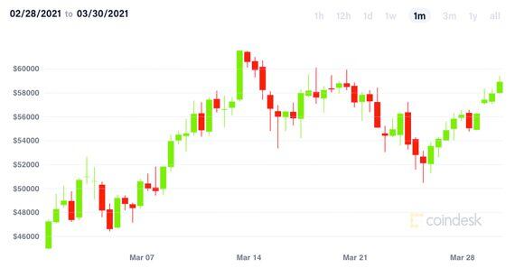 Bitcoin price chart, daily, over past month. 