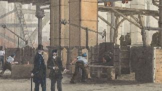 Pixelated version of a 19th-century painting of a factory interior.