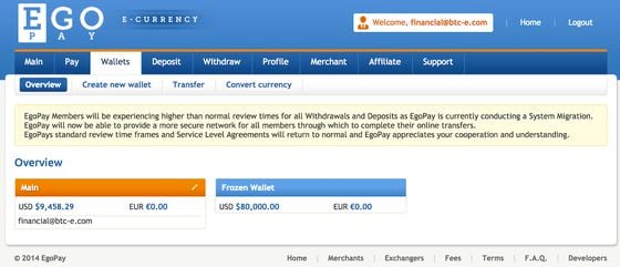  $80,000 of BTC-e's funds are stuck in a 'Frozen Wallet' on EgoPay