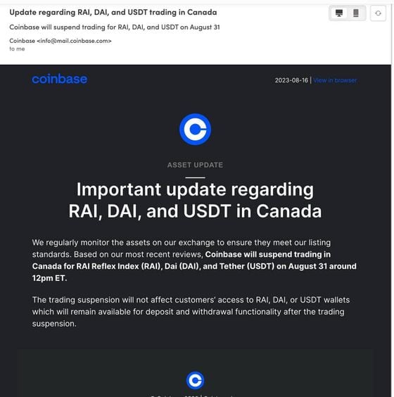 Coinbase's email to users in Canada (Coinbase)