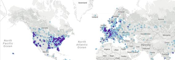 Bitcoin nodes map