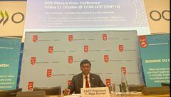 FATF President T. Raja Kumar addressing a press conference in Paris, France, in October 2022. (Amitoj Singh/CoinDesk)