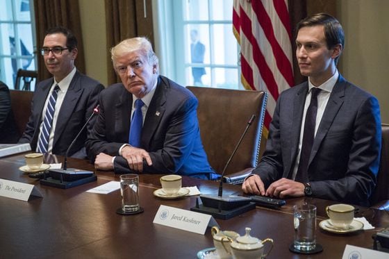 Steven Mnuchin, Donald Trump and Jared Kushner at the White House in 2017 