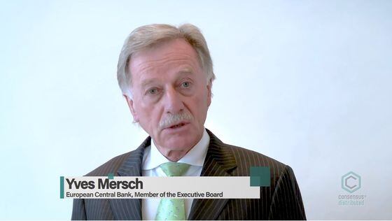 The European Central Bank is looking into what would be required for a retail-focused central bank digital currency, Executive Board Member Yves Mersch said in his opening to Consensus: Distributed Monday. (Credit: CoinDesk)
