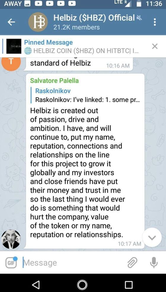 Screenshot of a HelbizCoin Telegram channel