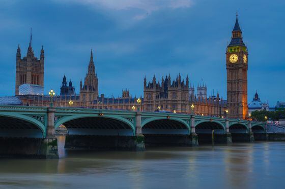 Houses of Parliament and Westminster Bridge at dusk
