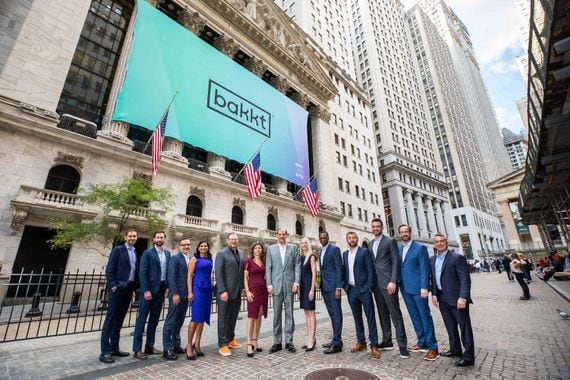 Bakkt Holdings, Inc. leadership outside the New York Stock Exchange following a successful merger with VPC Impact Acquisition Holdings to take the firm public. (NYSE)