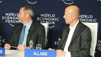 Ripple CEO Brad Garlinghouse (right) and Circle CEO Jeremy Allaire spoke on a panel about remittances at the World Economic Forum's media village. (Nikhilesh De/CoinDesk)