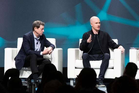 Fred Wilson of Union Square Ventures (left) with Brian Armstrong, CEO of Coinbase, at Consensus 2019.