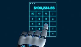 Robot hand typing keypad calculator taxes tax help (Melody Wang/CoinDesk)