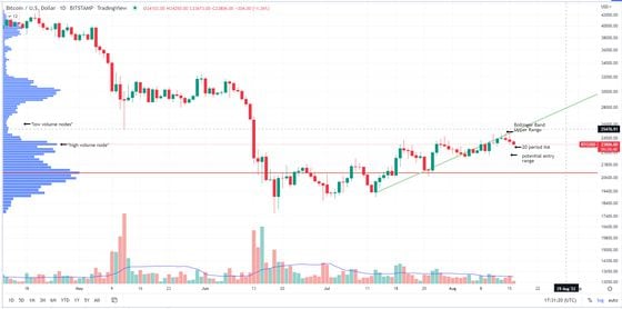 Bitcoin/U.S. dollar daily chart overlayed with the volume profile visible range.(Glenn Williams Jr./TradingView)