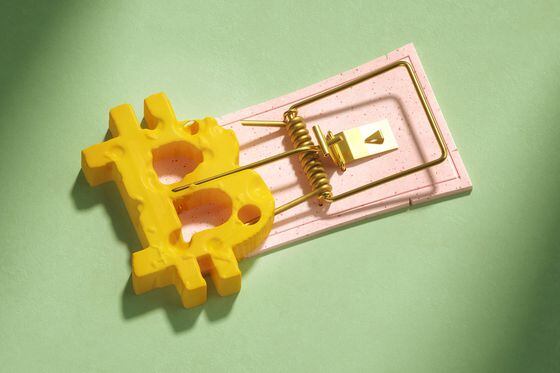 Digital generated image of bitcoin sign made out of cheese loaded into mousetrap on green surface.