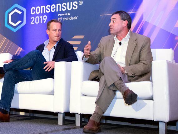Voyager CEO Steve Ehrlich (right) with Robert Dykes of Caspian at Consensus 2019 (CoinDesk)